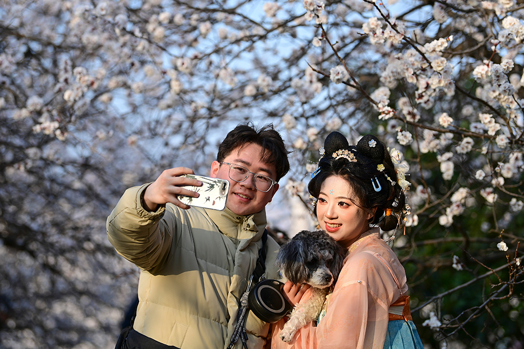  3月9日，游人在西安大明宫国家遗址公园赏花留影。