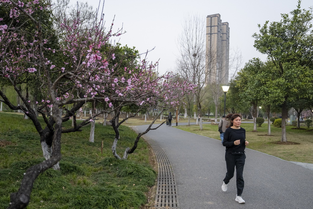 市民在武汉沙湖公园跑步（3月21日摄）。新华社记者 伍志尊 摄