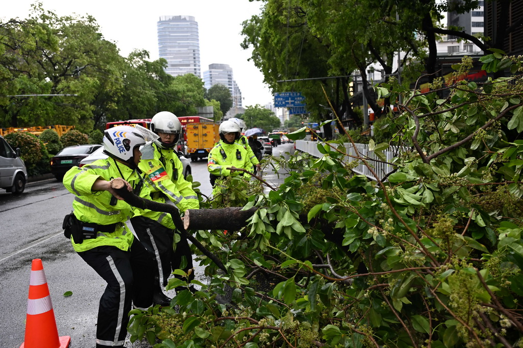 3月30日，在廣州市越秀區解放中路，交警清理倒伏樹木。