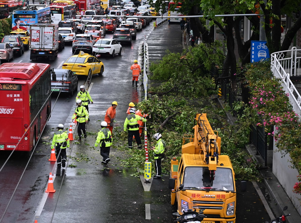 3月30日，在廣州市越秀區解放中路，工作人員在清理倒伏樹木。