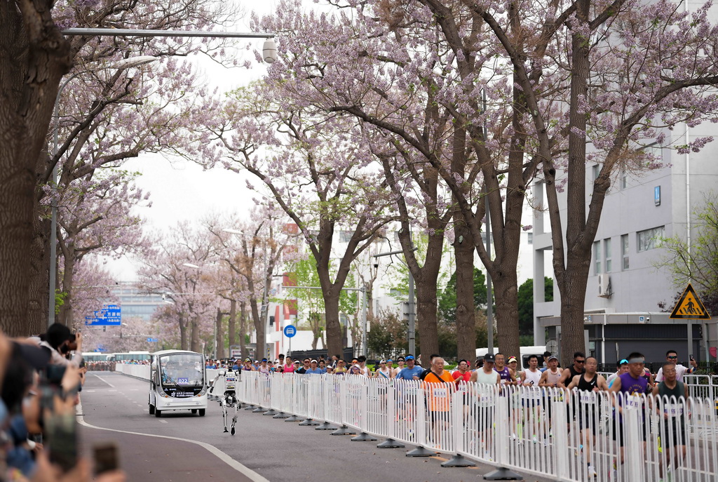 4月19日，天翼队自主人形机器人选手天工Ultra-2025（左前）在比赛中。新华社记者 雒圆 摄