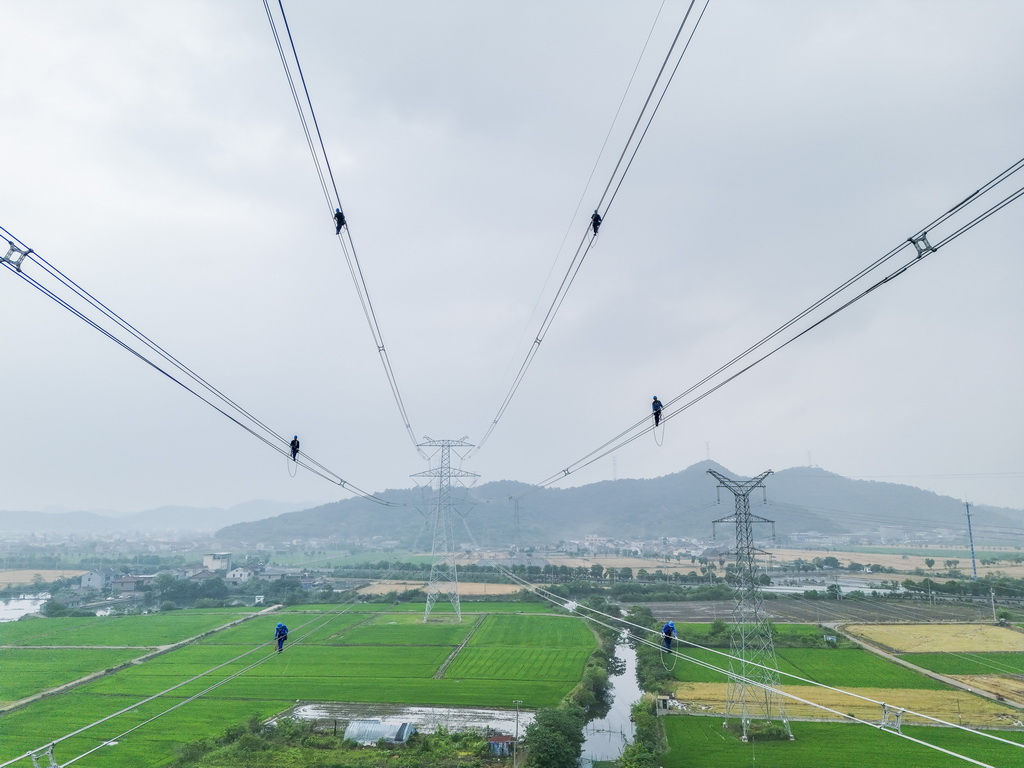 5月21日，国网宁波供电公司员工在甘浙特高压直流受端500千伏线路上走线验收（无人机照片）。