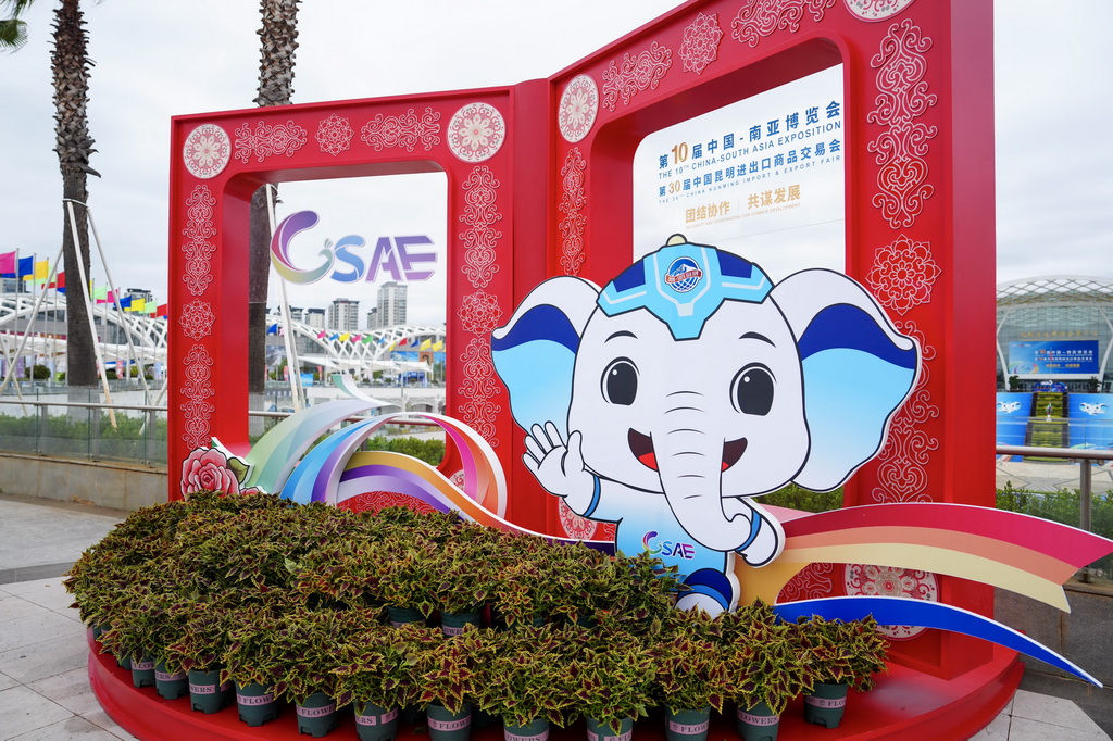 这是6月9日在滇池国际会展中心拍摄的第10届中国—南亚博览会打卡装置。