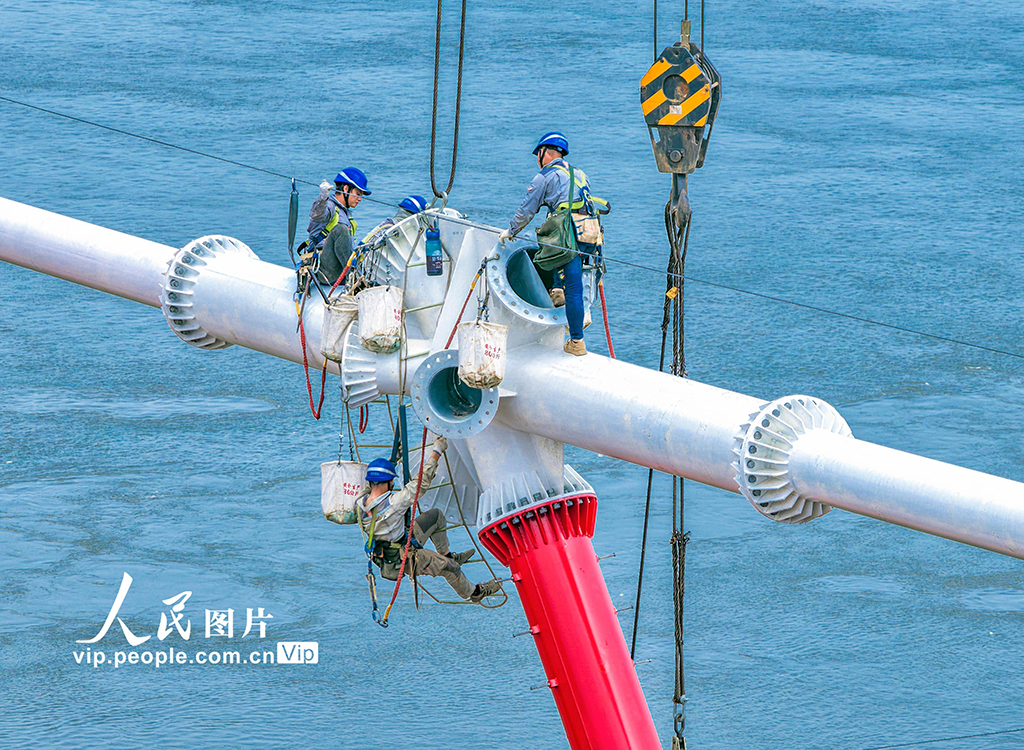 安徽芜湖：“甘电入浙”长江大跨越塔组立