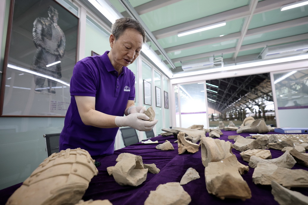 9月3日，在秦兵马俑一号坑现场保护修复实验室，秦始皇帝陵博物院研究员兰德省在查看考古出土的秦俑残片。