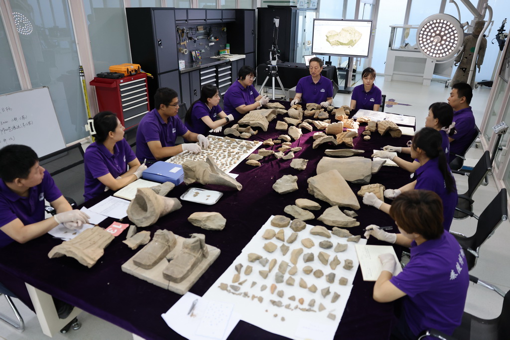 9月3日，在秦兵马俑一号坑现场保护修复实验室，秦始皇帝陵博物院文物保护部的修复人员在每日例会上安排工作任务。