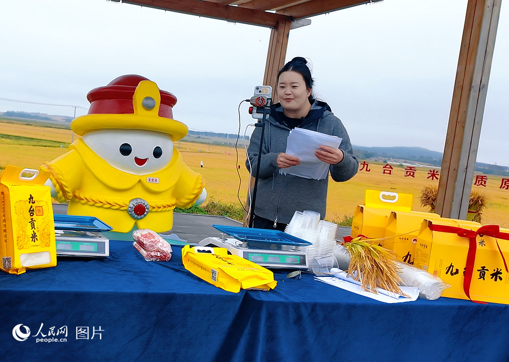 9月20日，九台貢米雲上開鐮活動現場，多位網絡達人同步開啟助農直播。稻田變直播間，收割、脫粒、裝袋全程上鏡，剛收獲的新米從田間直連全國消費者的餐桌。借助直播新業態，農戶的大米賣得更快、賣得更遠，增收路也越走越寬，“雲上開鐮”變成“雲端暢銷”。人民網記者 王海躍攝