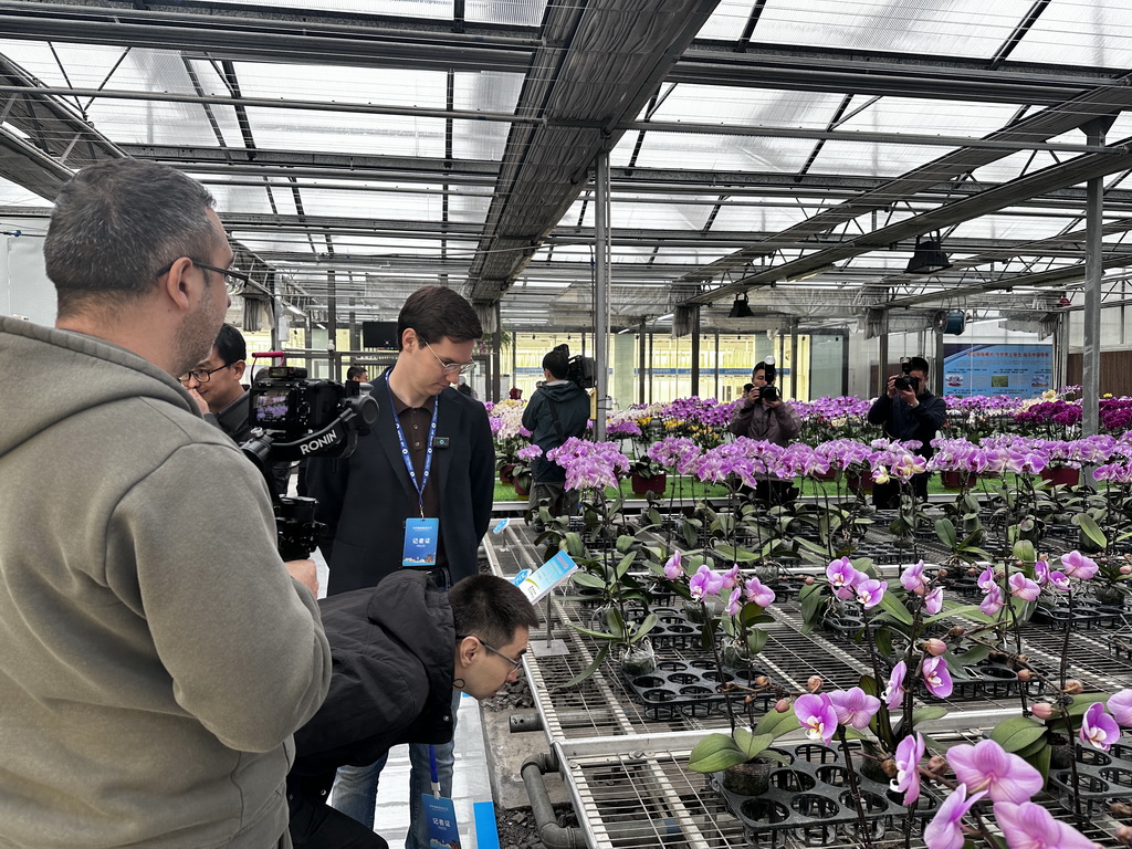外媒记者在北大荒集团建三江分公司参观农业科技温室，了解现代设施农业栽培技术。新华社记者 张曦月 摄